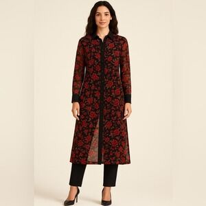 Slim Factor Sheer Floral Duster, | Roll-Tab Sleeves, Longline Chic Size L